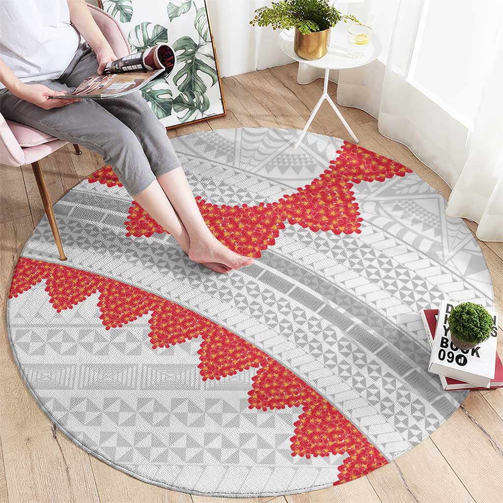 Tonga White Sunday Round Carpet Heilala Flowers Tongan Ngatu Pattern