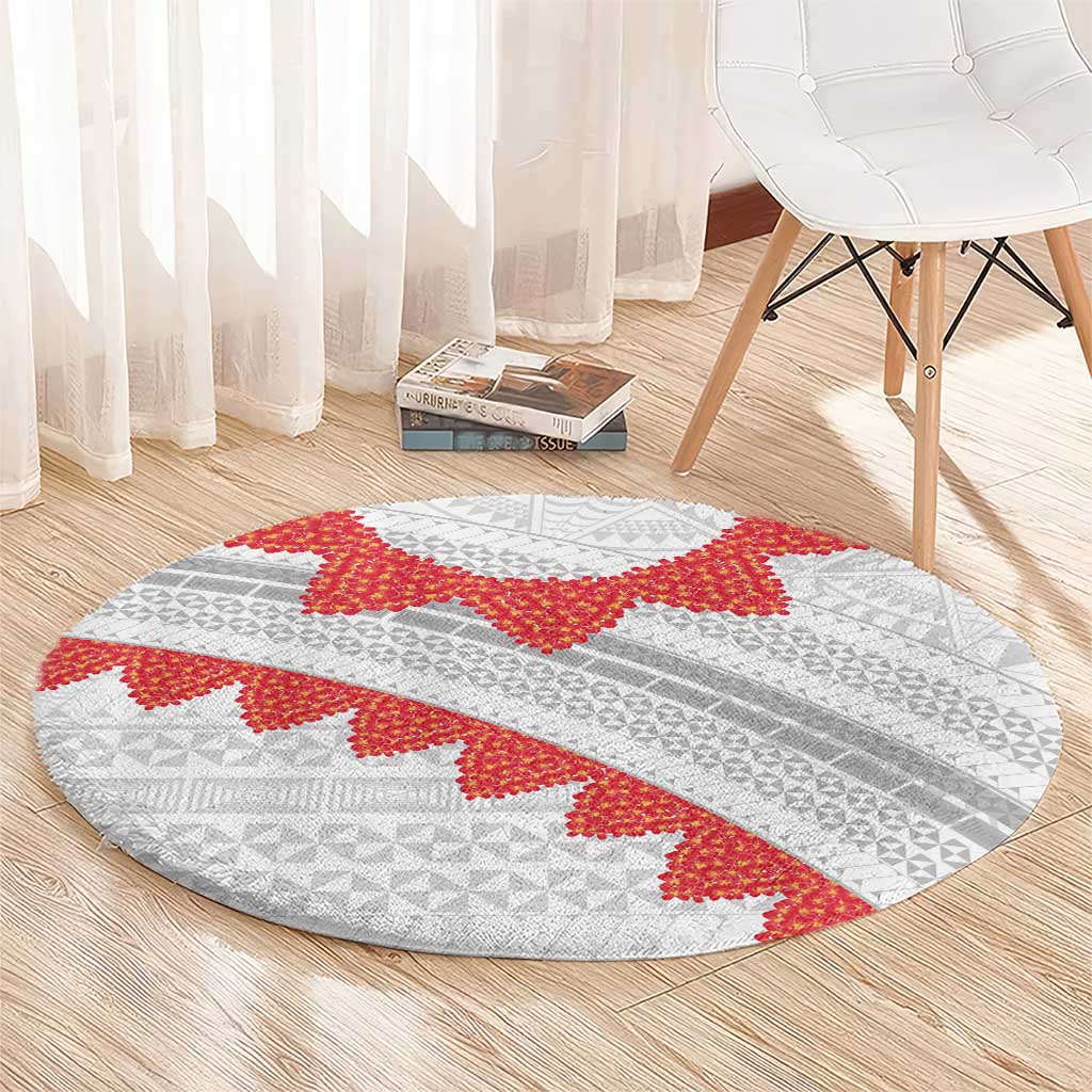 Tonga White Sunday Round Carpet Heilala Flowers Tongan Ngatu Pattern