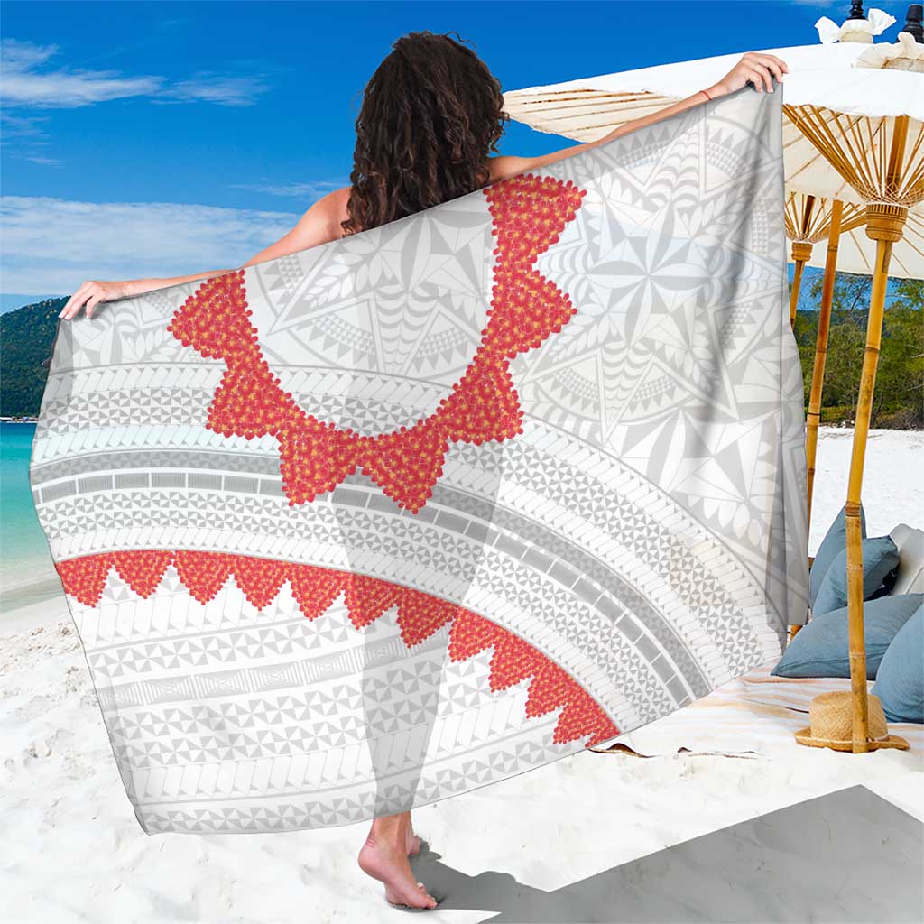 Tonga White Sunday Sarong Heilala Flowers Tongan Ngatu Pattern