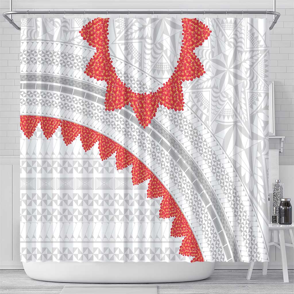Tonga White Sunday Shower Curtain Heilala Flowers Tongan Ngatu Pattern