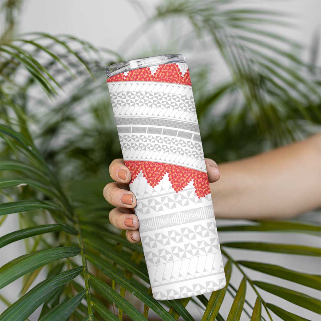 Tonga White Sunday Skinny Tumbler Heilala Flowers Tongan Ngatu Pattern