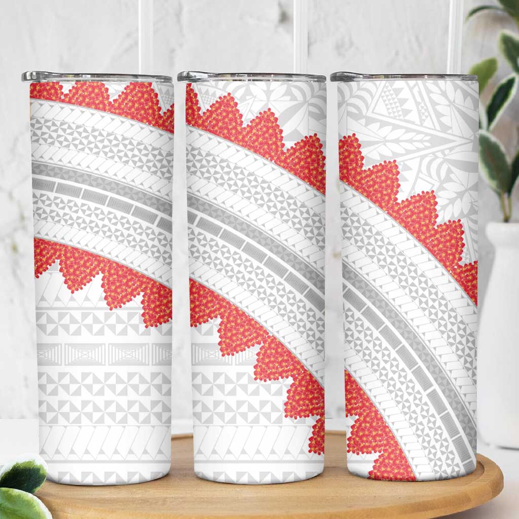 Tonga White Sunday Skinny Tumbler Heilala Flowers Tongan Ngatu Pattern
