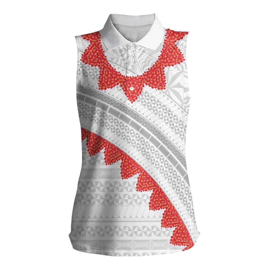 Tonga White Sunday Women Sleeveless Polo Shirt Heilala Flowers Tongan Ngatu Pattern