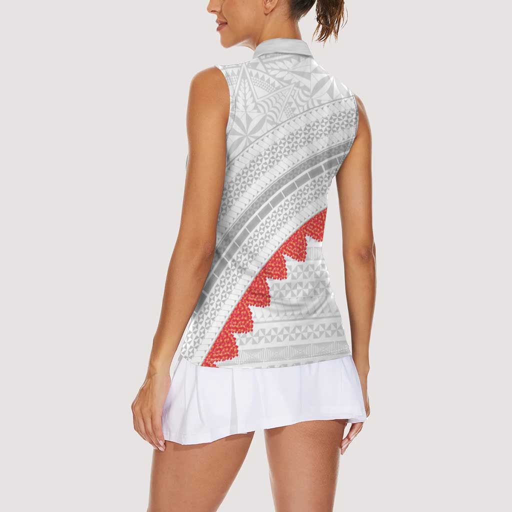 Tonga White Sunday Women Sleeveless Polo Shirt Heilala Flowers Tongan Ngatu Pattern