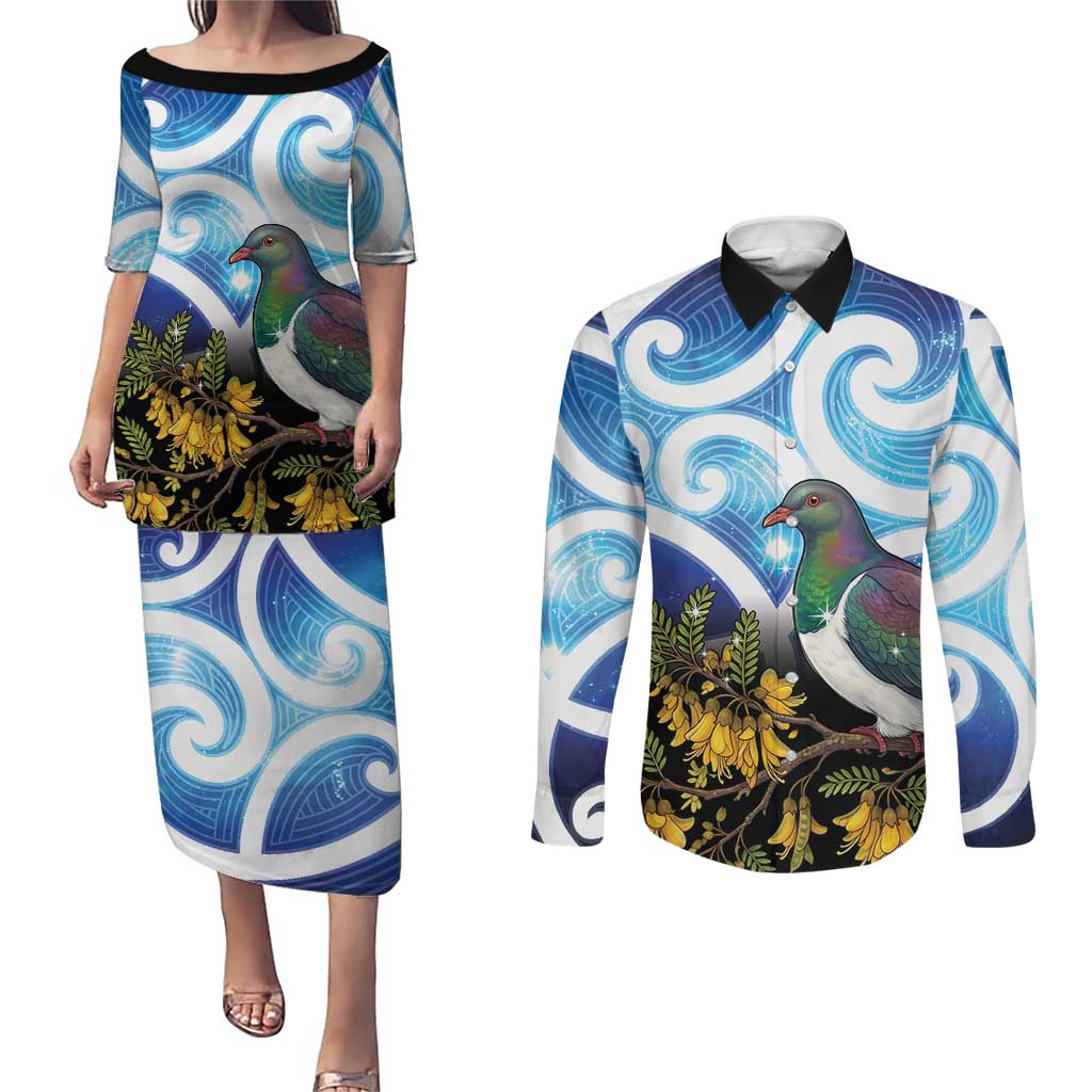 Kekeru New Zealand Matariki Couples Matching Puletasi and Long Sleeve Button Shirt Kukupa Kowhai Maori New Year Blue Version