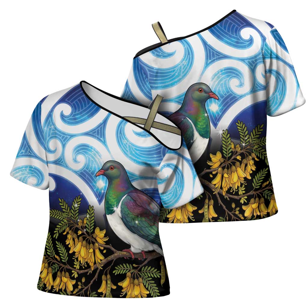 Kekeru New Zealand Matariki Cross Shoulder Shirt Kukupa Kowhai Maori New Year Blue Version LT14 - Polynesian Pride