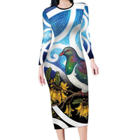 Kekeru New Zealand Matariki Long Sleeve Bodycon Dress Kukupa Kowhai Maori New Year Blue Version LT14 Long Dress Blue - Polynesian Pride