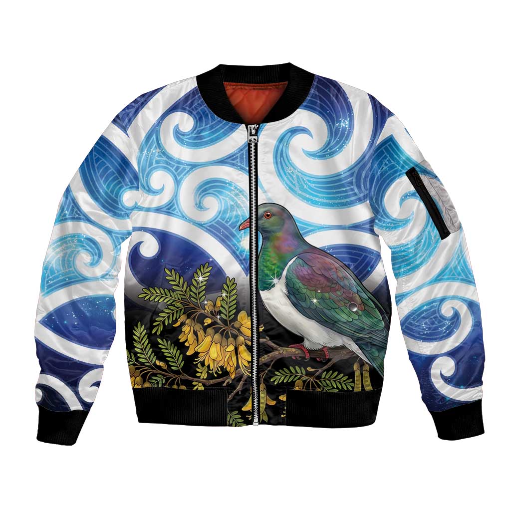 Kekeru New Zealand Matariki Sleeve Zip Bomber Jacket Kukupa Kowhai Maori New Year Blue Version
