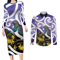 Kekeru New Zealand Matariki Couples Matching Long Sleeve Bodycon Dress and Long Sleeve Button Shirt Kukupa Kowhai Maori New Year Purple Version LT14 Purple - Polynesian Pride