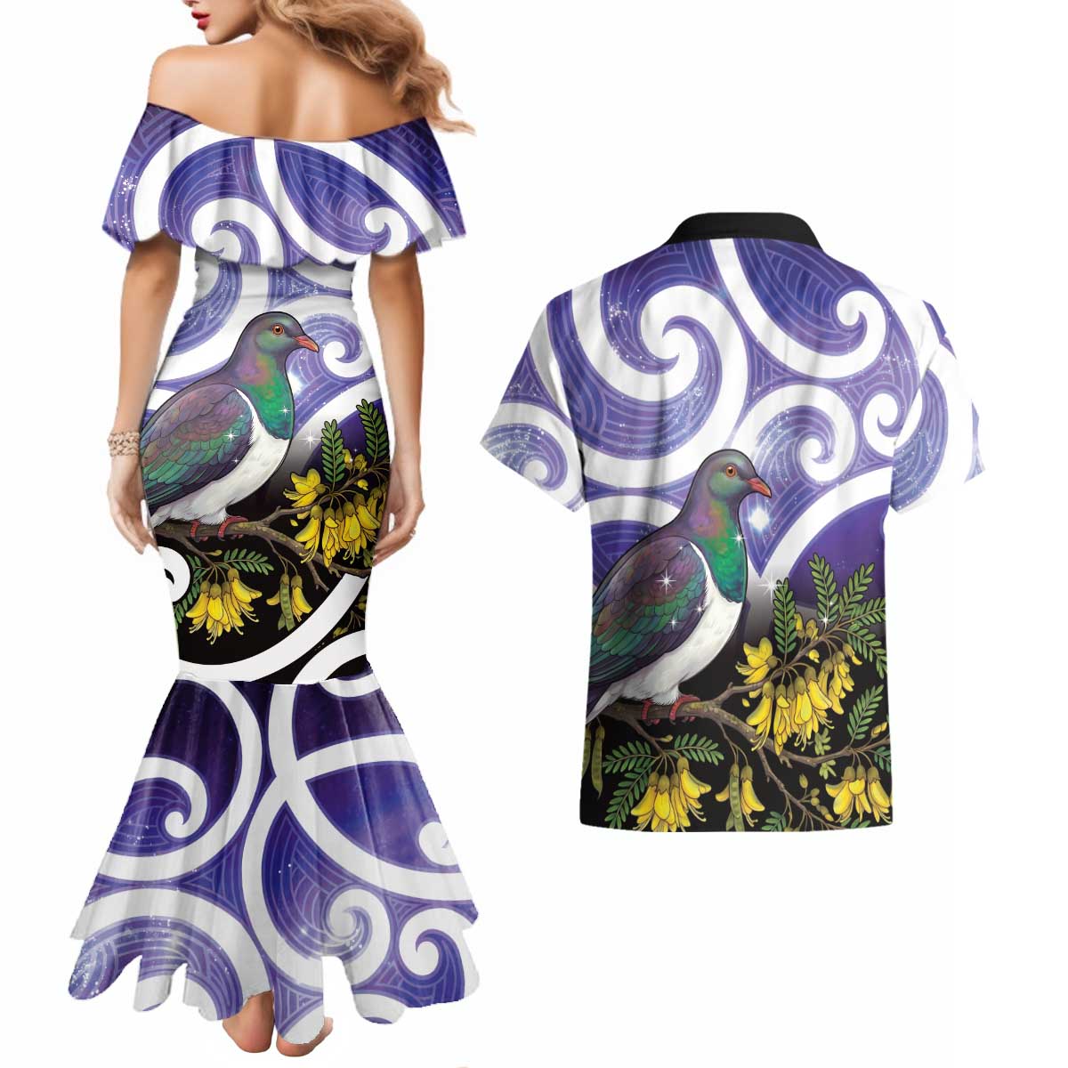 Kekeru New Zealand Matariki Couples Matching Mermaid Dress and Hawaiian Shirt Kukupa Kowhai Maori New Year Purple Version LT14 - Polynesian Pride