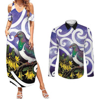 Kekeru New Zealand Matariki Couples Matching Summer Maxi Dress and Long Sleeve Button Shirt Kukupa Kowhai Maori New Year Purple Version LT14 Purple - Polynesian Pride