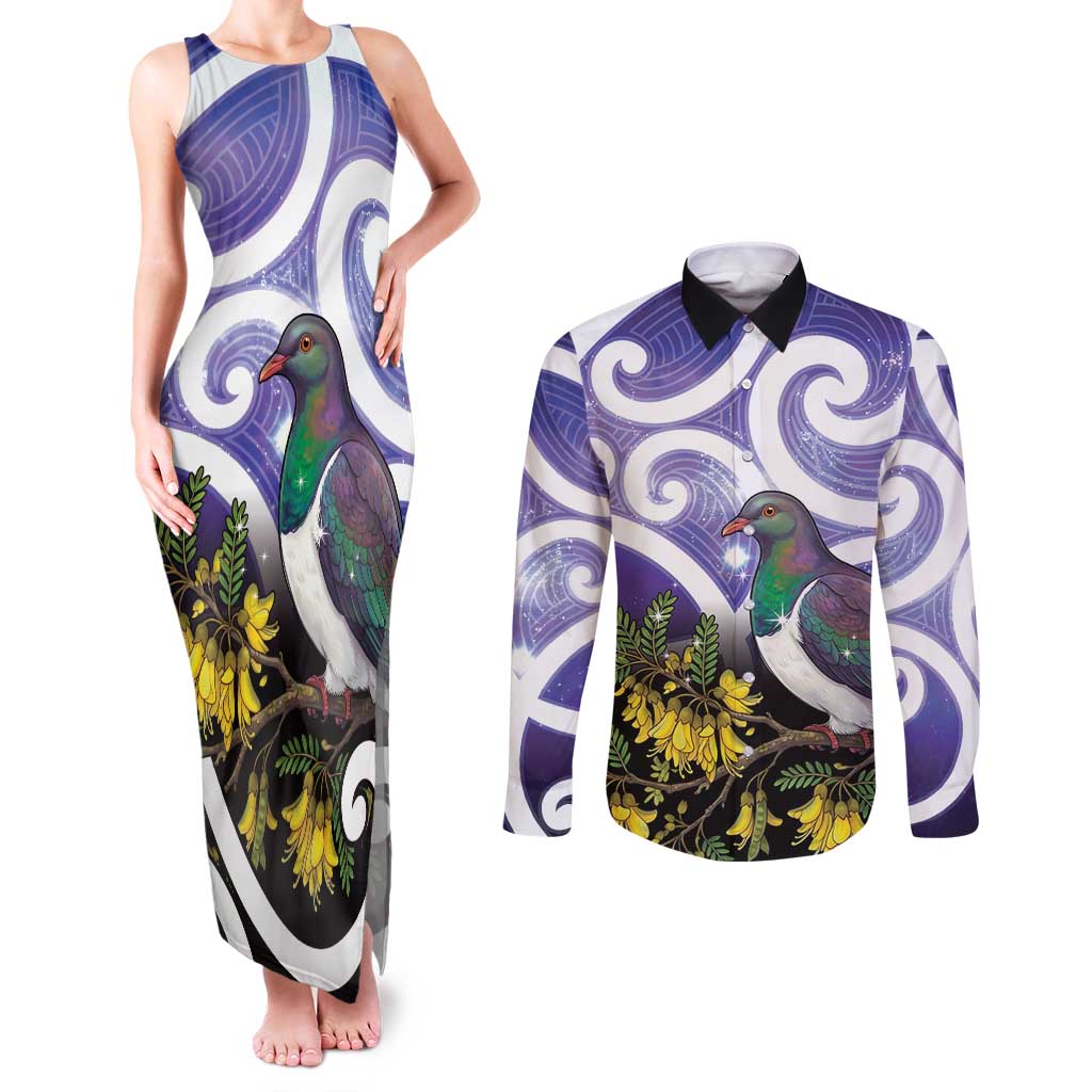 Kekeru New Zealand Matariki Couples Matching Tank Maxi Dress and Long Sleeve Button Shirt Kukupa Kowhai Maori New Year Purple Version LT14 Purple - Polynesian Pride