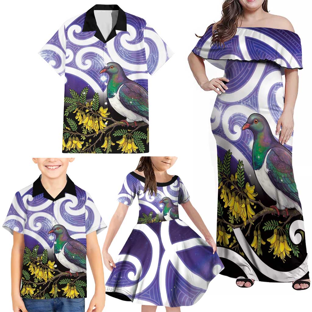 Kekeru New Zealand Matariki Family Matching Off Shoulder Maxi Dress and Hawaiian Shirt Kukupa Kowhai Maori New Year Purple Version