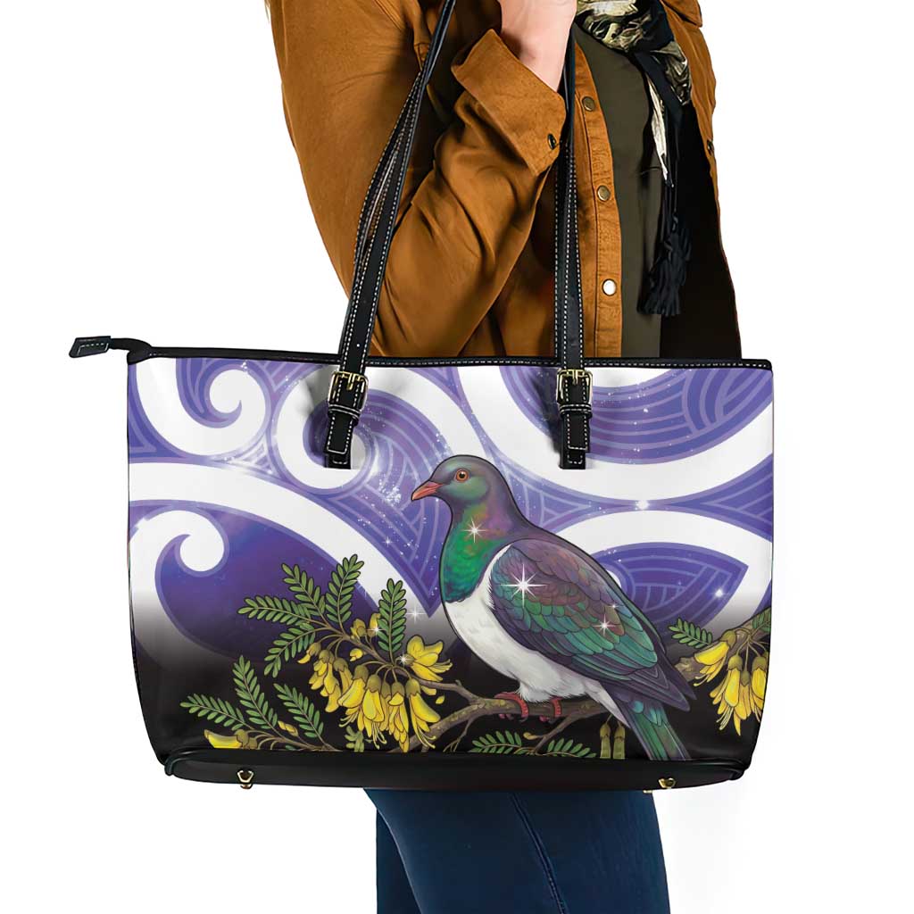 Kekeru New Zealand Matariki Leather Tote Bag Kukupa Kowhai Maori New Year Purple Version LT14 - Polynesian Pride