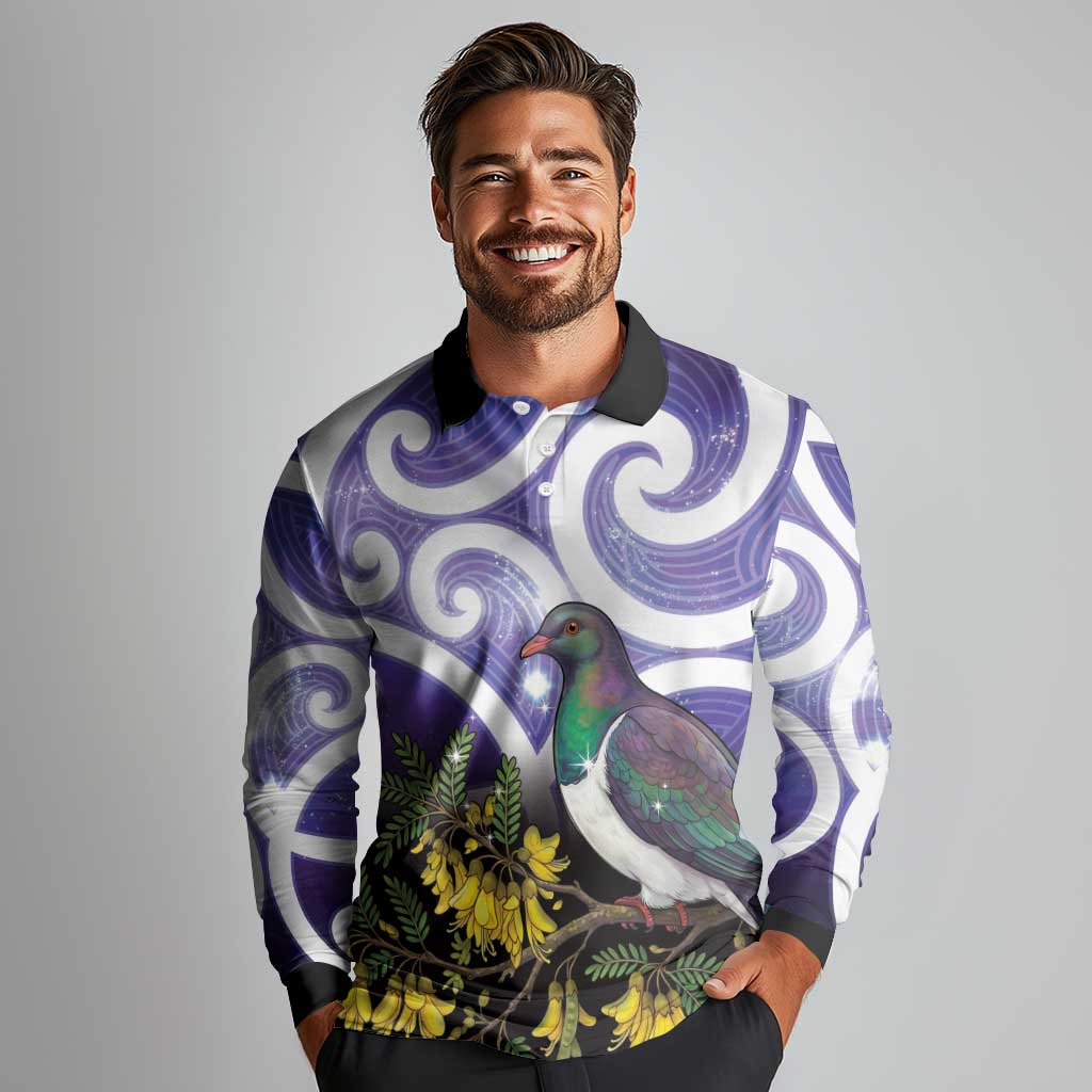 Kekeru New Zealand Matariki Long Sleeve Polo Shirt Kukupa Kowhai Maori New Year Purple Version LT14 - Polynesian Pride