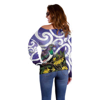 Kekeru New Zealand Matariki Off Shoulder Sweater Kukupa Kowhai Maori New Year Purple Version LT14 - Polynesian Pride
