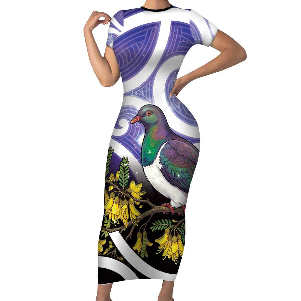 Kekeru New Zealand Matariki Short Sleeve Bodycon Dress Kukupa Kowhai Maori New Year Purple Version LT14 Long Dress Purple - Polynesian Pride