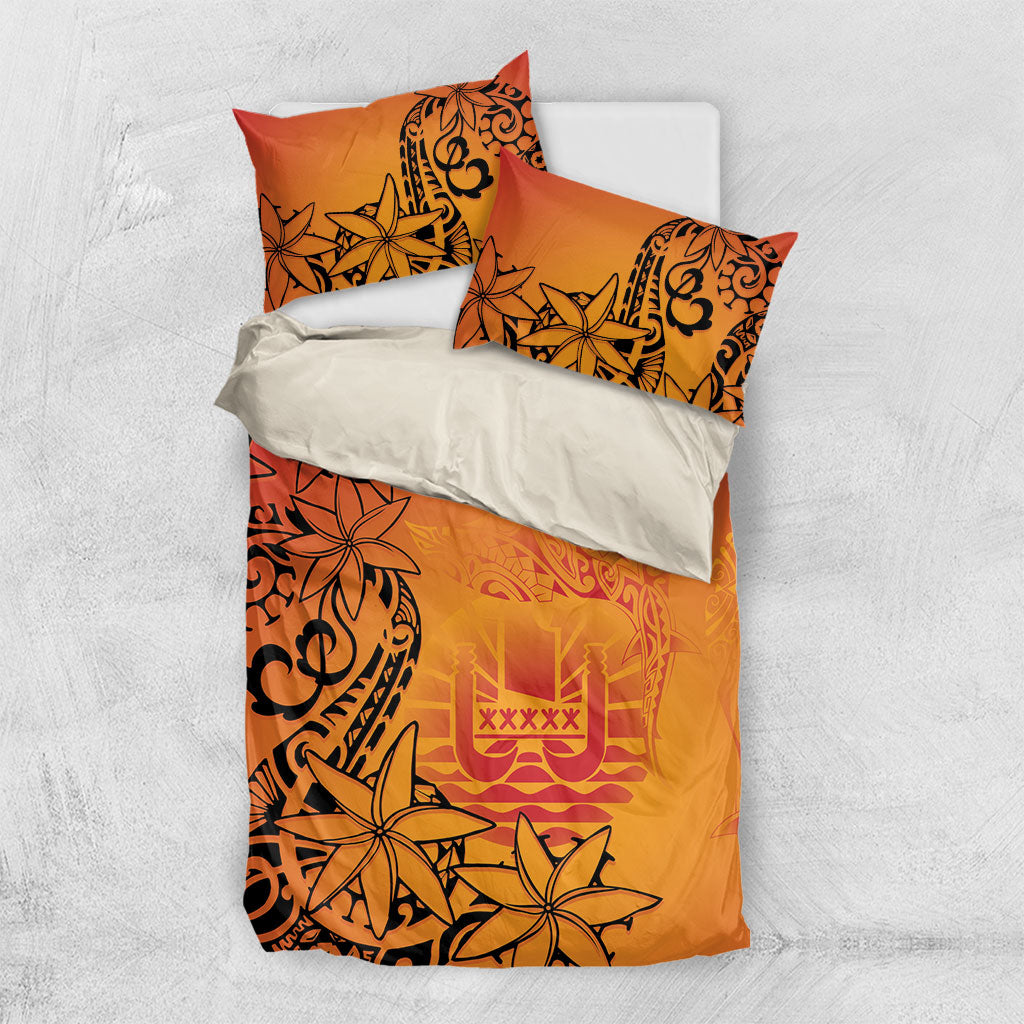 French Polynesia Manta Ray Tattoo Bedding Set Tahiti Hahalua Tiare Maori Gradient Style