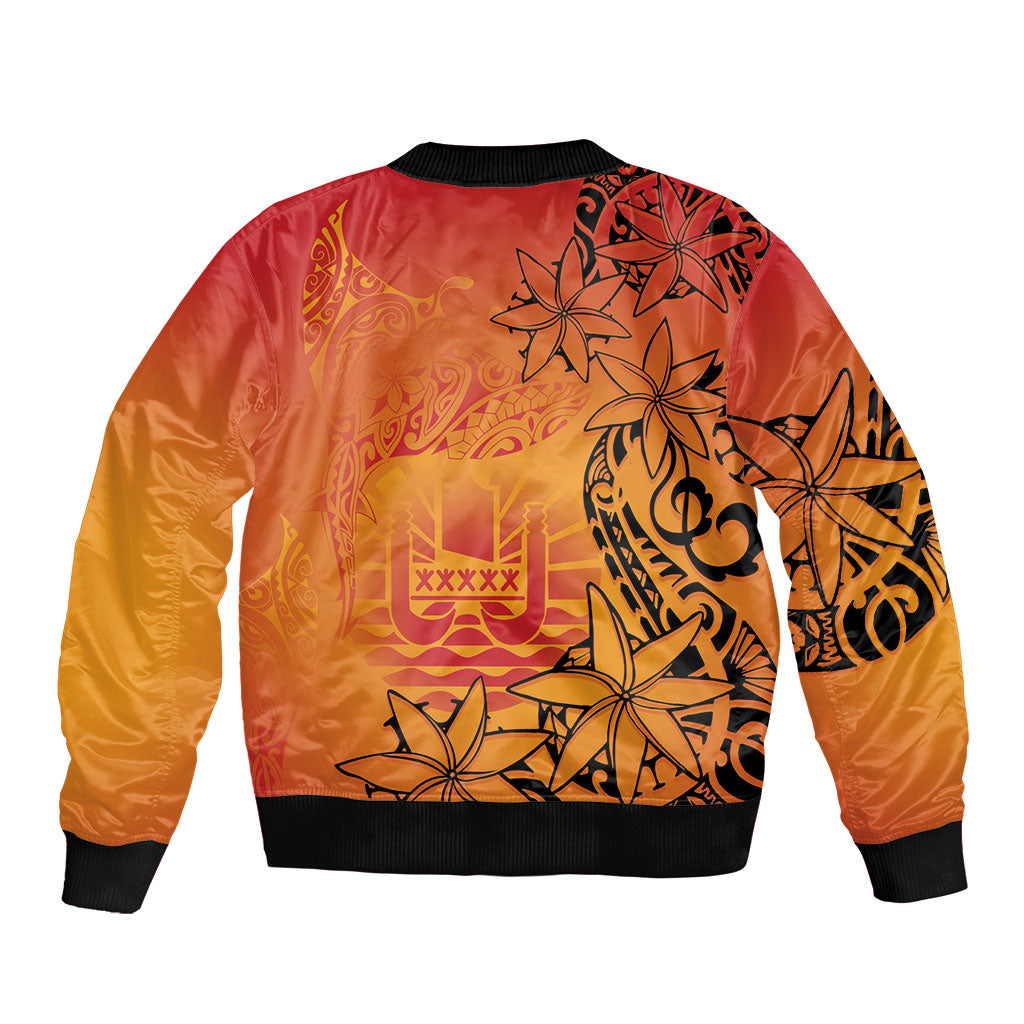 French Polynesia Manta Ray Tattoo Bomber Jacket Tahiti Hahalua Tiare Maori Gradient Style