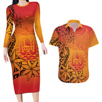 French Polynesia Manta Ray Tattoo Couples Matching Long Sleeve Bodycon Dress and Hawaiian Shirt Tahiti Hahalua Tiare Maori Gradient Style