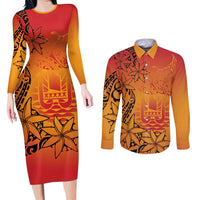 French Polynesia Manta Ray Tattoo Couples Matching Long Sleeve Bodycon Dress and Long Sleeve Button Shirt Tahiti Hahalua Tiare Maori Gradient Style