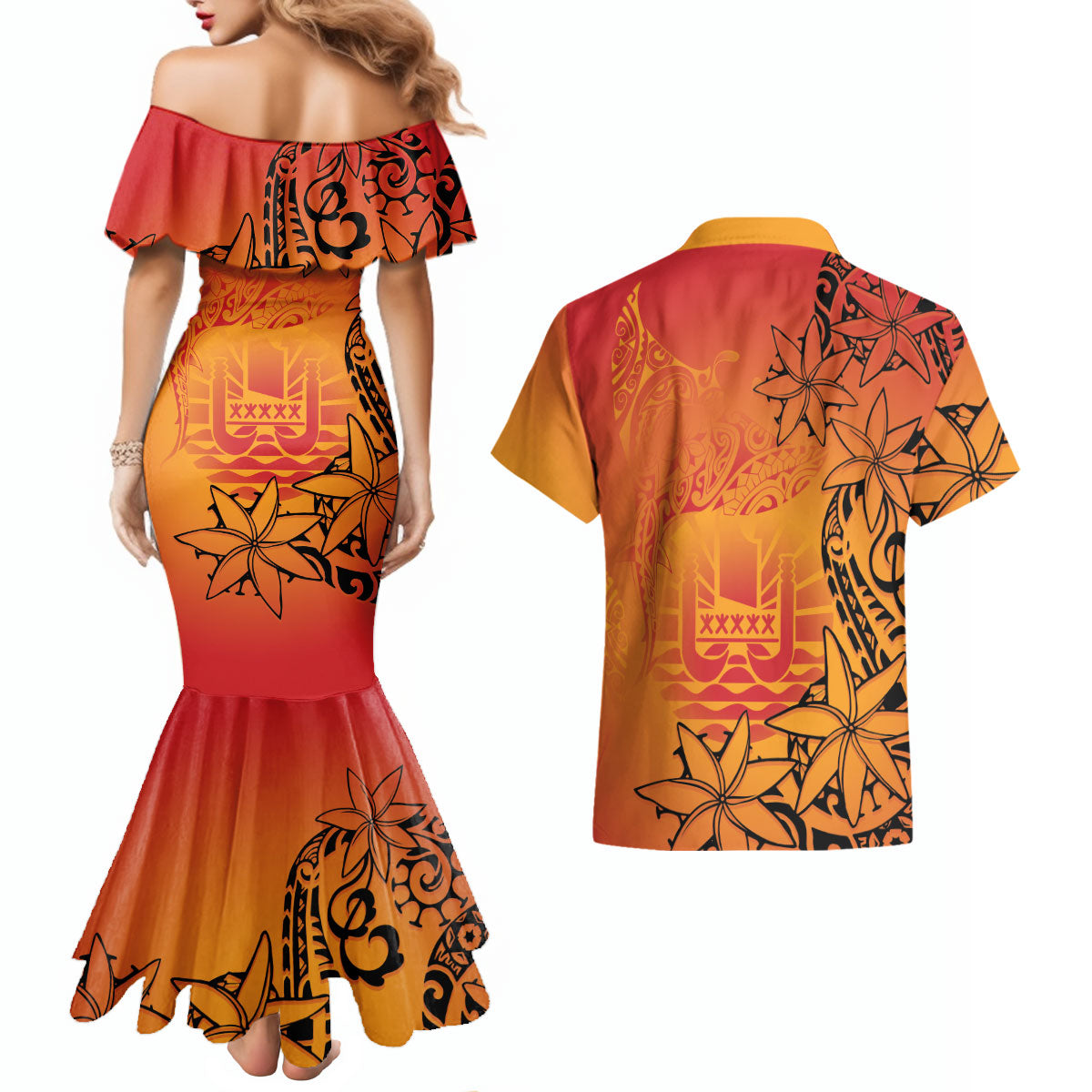 French Polynesia Manta Ray Tattoo Couples Matching Mermaid Dress and Hawaiian Shirt Tahiti Hahalua Tiare Maori Gradient Style