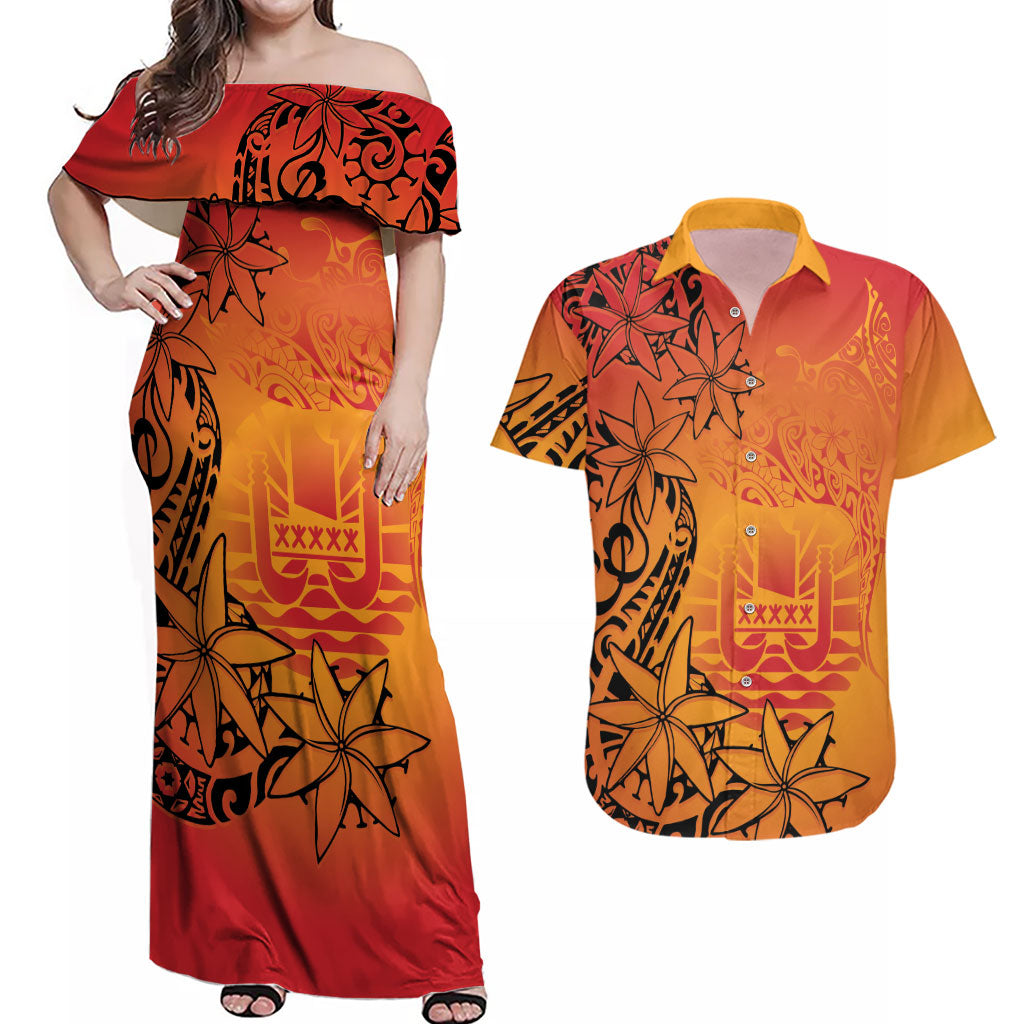 French Polynesia Manta Ray Tattoo Couples Matching Off Shoulder Maxi Dress and Hawaiian Shirt Tahiti Hahalua Tiare Maori Gradient Style LT14 Orange - Polynesian Pride