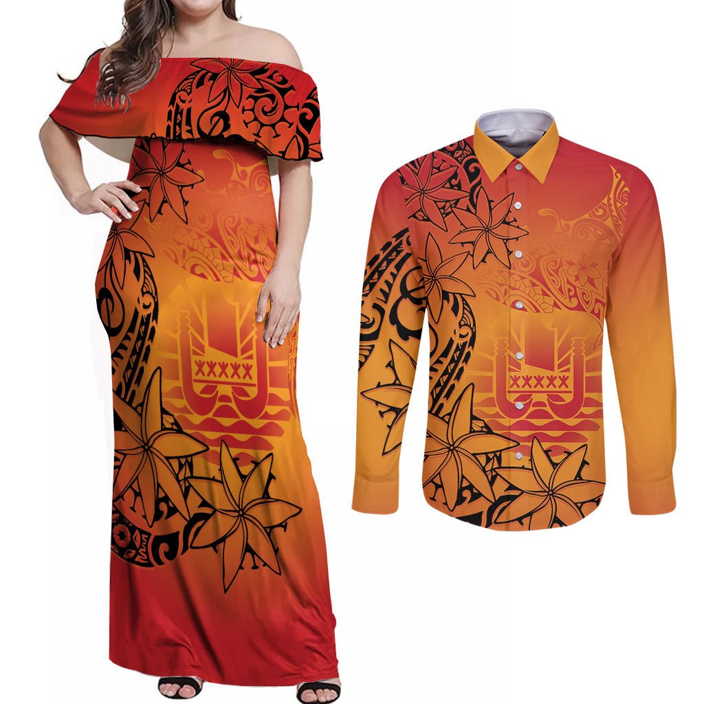 French Polynesia Manta Ray Tattoo Couples Matching Off Shoulder Maxi Dress and Long Sleeve Button Shirt Tahiti Hahalua Tiare Maori Gradient Style LT14 Orange - Polynesian Pride