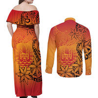 French Polynesia Manta Ray Tattoo Couples Matching Off Shoulder Maxi Dress and Long Sleeve Button Shirt Tahiti Hahalua Tiare Maori Gradient Style LT14 - Polynesian Pride
