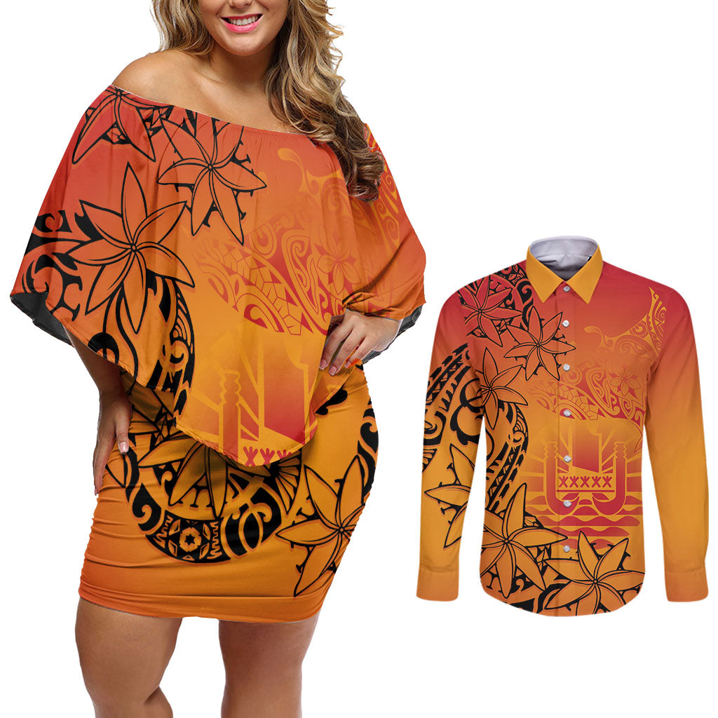 French Polynesia Manta Ray Tattoo Couples Matching Off Shoulder Short Dress and Long Sleeve Button Shirt Tahiti Hahalua Tiare Maori Gradient Style