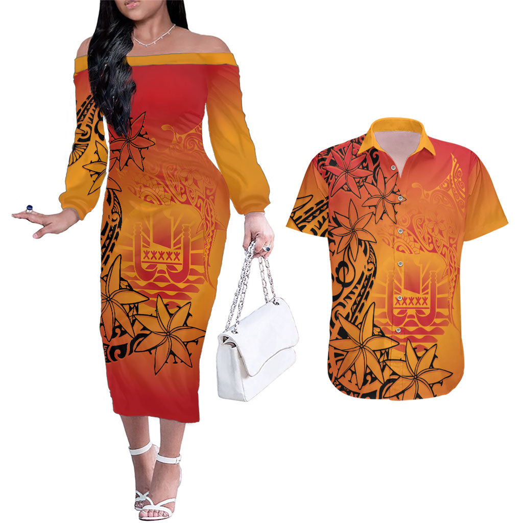 French Polynesia Manta Ray Tattoo Couples Matching Off The Shoulder Long Sleeve Dress and Hawaiian Shirt Tahiti Hahalua Tiare Maori Gradient Style