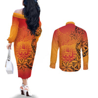 French Polynesia Manta Ray Tattoo Couples Matching Off The Shoulder Long Sleeve Dress and Long Sleeve Button Shirt Tahiti Hahalua Tiare Maori Gradient Style