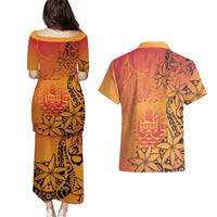 French Polynesia Manta Ray Tattoo Couples Matching Puletasi and Hawaiian Shirt Tahiti Hahalua Tiare Maori Gradient Style LT14 - Polynesian Pride