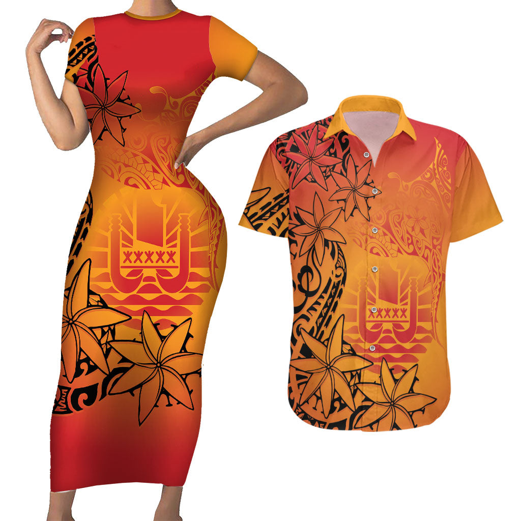 French Polynesia Manta Ray Tattoo Couples Matching Short Sleeve Bodycon Dress and Hawaiian Shirt Tahiti Hahalua Tiare Maori Gradient Style