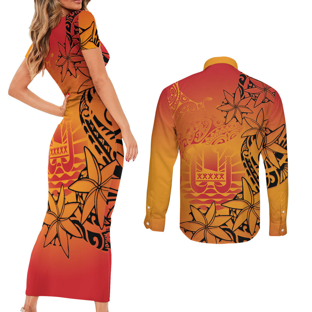 French Polynesia Manta Ray Tattoo Couples Matching Short Sleeve Bodycon Dress and Long Sleeve Button Shirt Tahiti Hahalua Tiare Maori Gradient Style