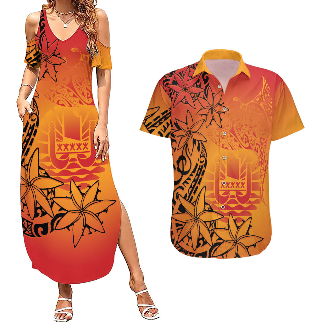 French Polynesia Manta Ray Tattoo Couples Matching Summer Maxi Dress and Hawaiian Shirt Tahiti Hahalua Tiare Maori Gradient Style LT14 Orange - Polynesian Pride