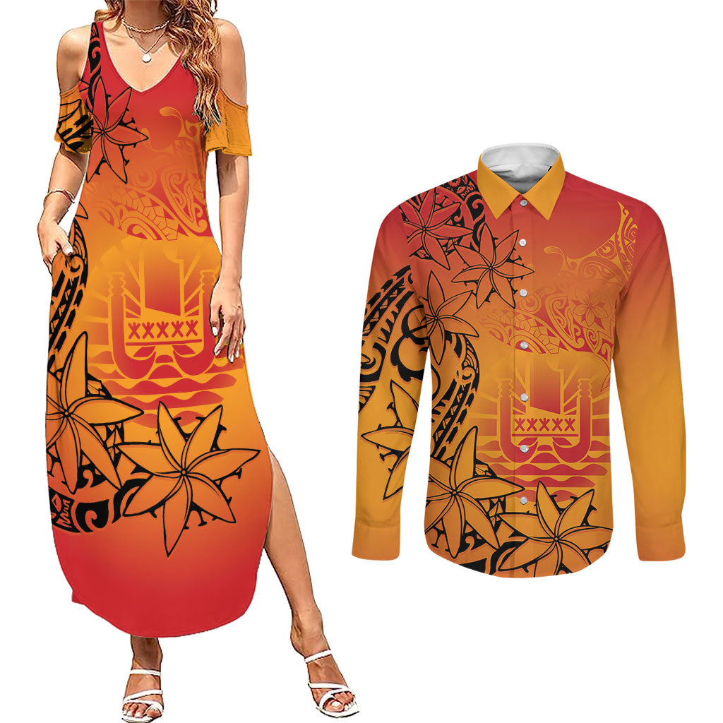 French Polynesia Manta Ray Tattoo Couples Matching Summer Maxi Dress and Long Sleeve Button Shirt Tahiti Hahalua Tiare Maori Gradient Style LT14 Orange - Polynesian Pride