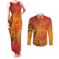 French Polynesia Manta Ray Tattoo Couples Matching Tank Maxi Dress and Long Sleeve Button Shirt Tahiti Hahalua Tiare Maori Gradient Style LT14 Orange - Polynesian Pride