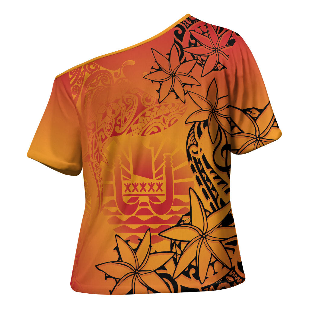 French Polynesia Manta Ray Tattoo Cross Shoulder Shirt Tahiti Hahalua Tiare Maori Gradient Style