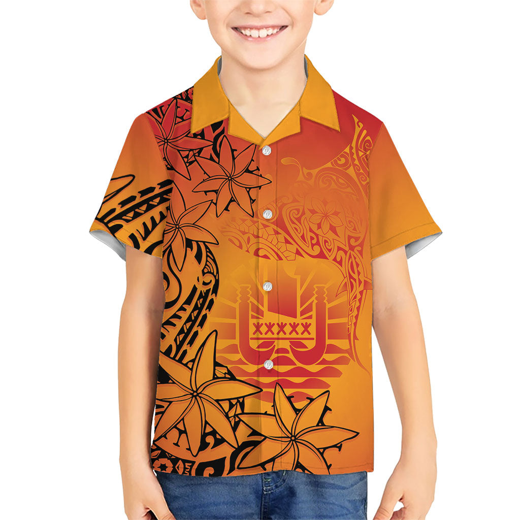 French Polynesia Manta Ray Tattoo Family Matching Off Shoulder Maxi Dress and Hawaiian Shirt Tahiti Hahalua Tiare Maori Gradient Style LT14 Son's Shirt Orange - Polynesian Pride