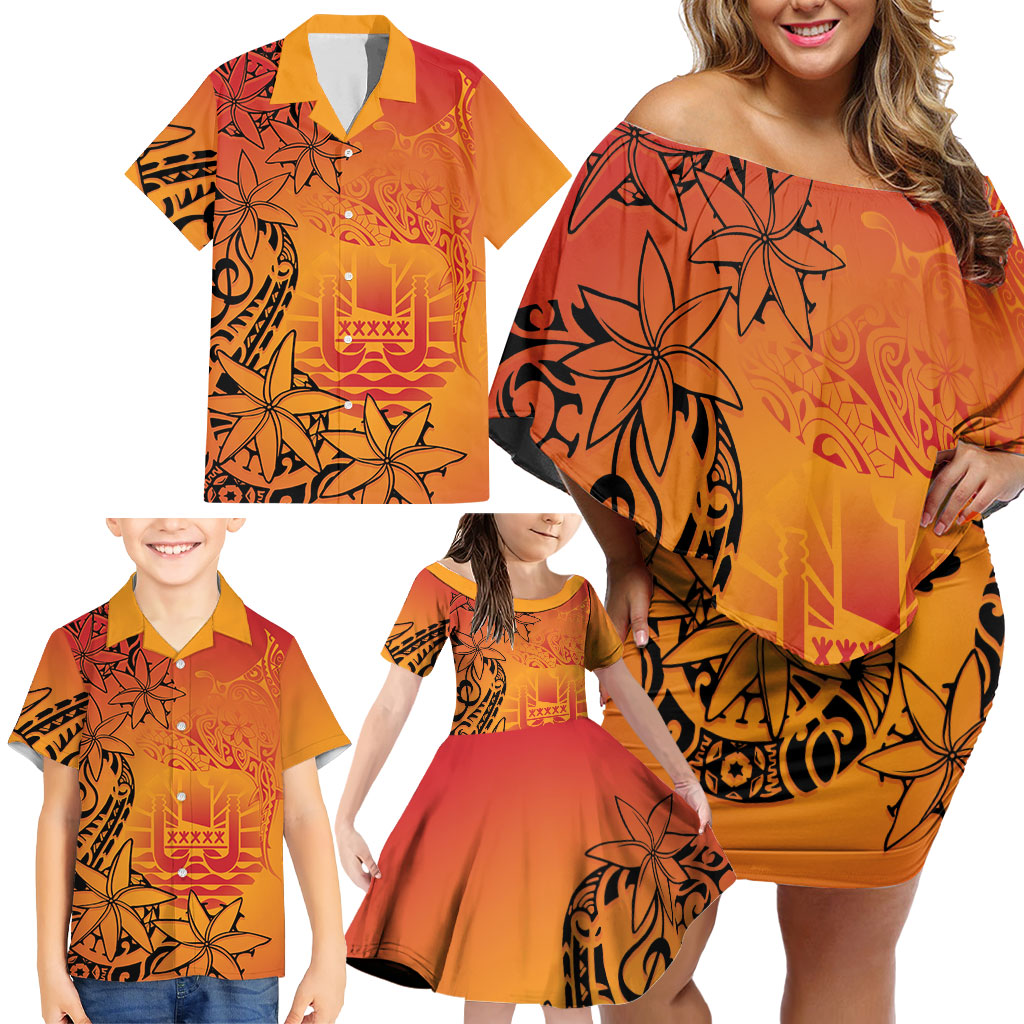 French Polynesia Manta Ray Tattoo Family Matching Off Shoulder Short Dress and Hawaiian Shirt Tahiti Hahalua Tiare Maori Gradient Style