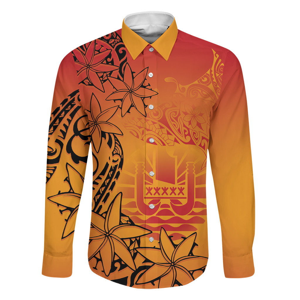 French Polynesia Manta Ray Tattoo Family Matching Puletasi and Hawaiian Shirt Tahiti Hahalua Tiare Maori Gradient Style LT14 Dad's Shirt - Long Sleeve Orange - Polynesian Pride