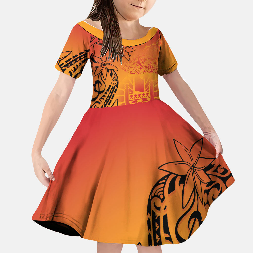 French Polynesia Manta Ray Tattoo Family Matching Tank Maxi Dress and Hawaiian Shirt Tahiti Hahalua Tiare Maori Gradient Style LT14 Daughter's Dress Orange - Polynesian Pride