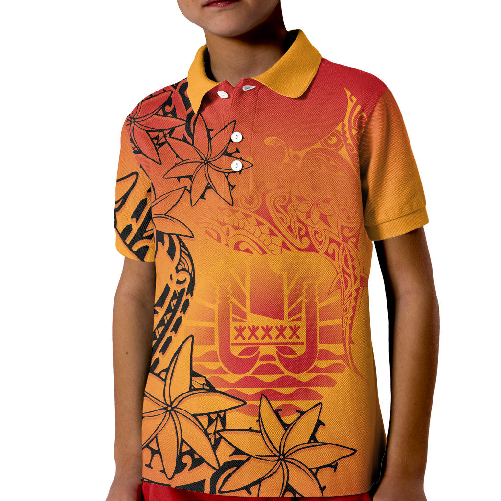 French Polynesia Manta Ray Tattoo Kid Polo Shirt Tahiti Hahalua Tiare Maori Gradient Style LT14 Kid Orange - Polynesian Pride