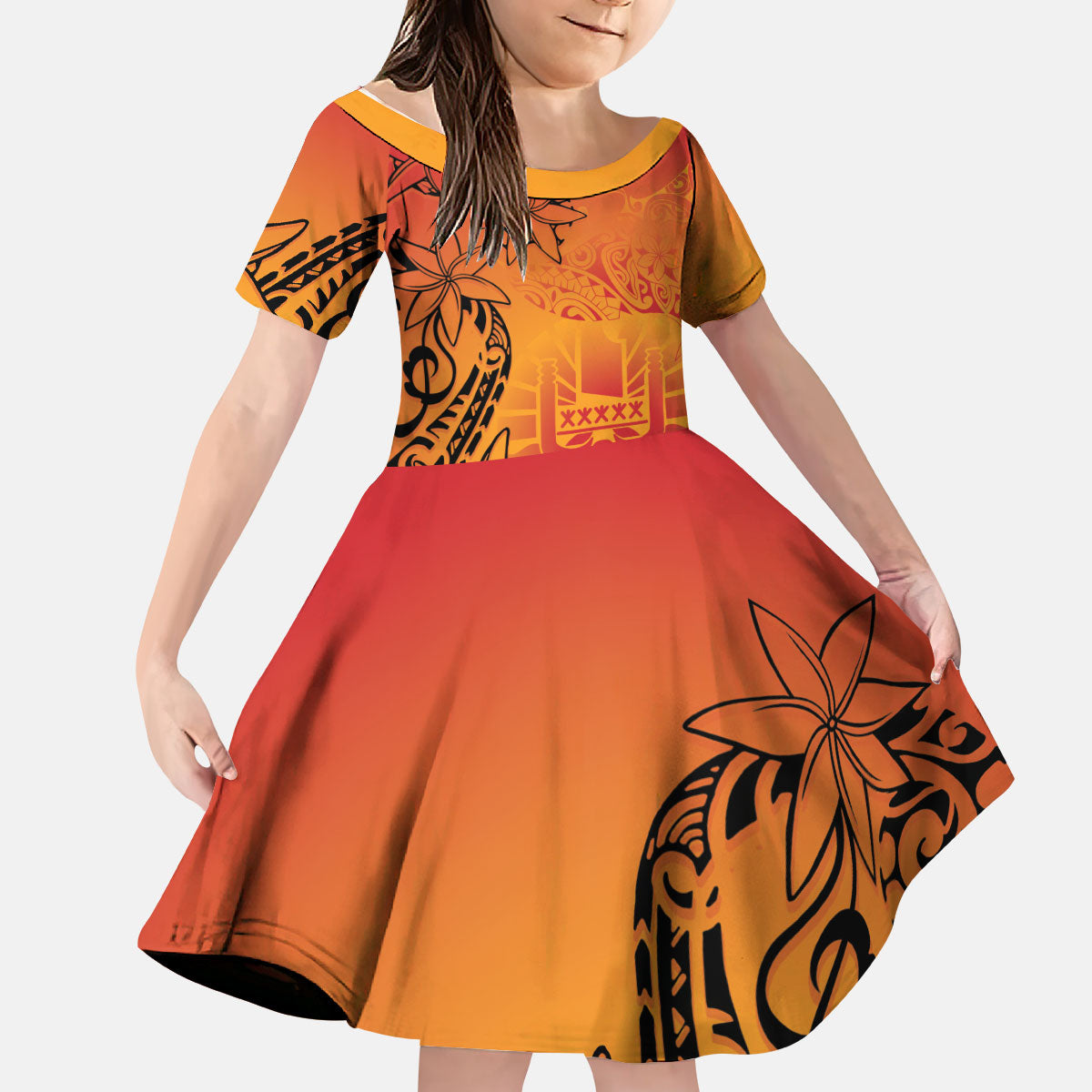 French Polynesia Manta Ray Tattoo Kid Short Sleeve Dress Tahiti Hahalua Tiare Maori Gradient Style LT14 KID Orange - Polynesian Pride