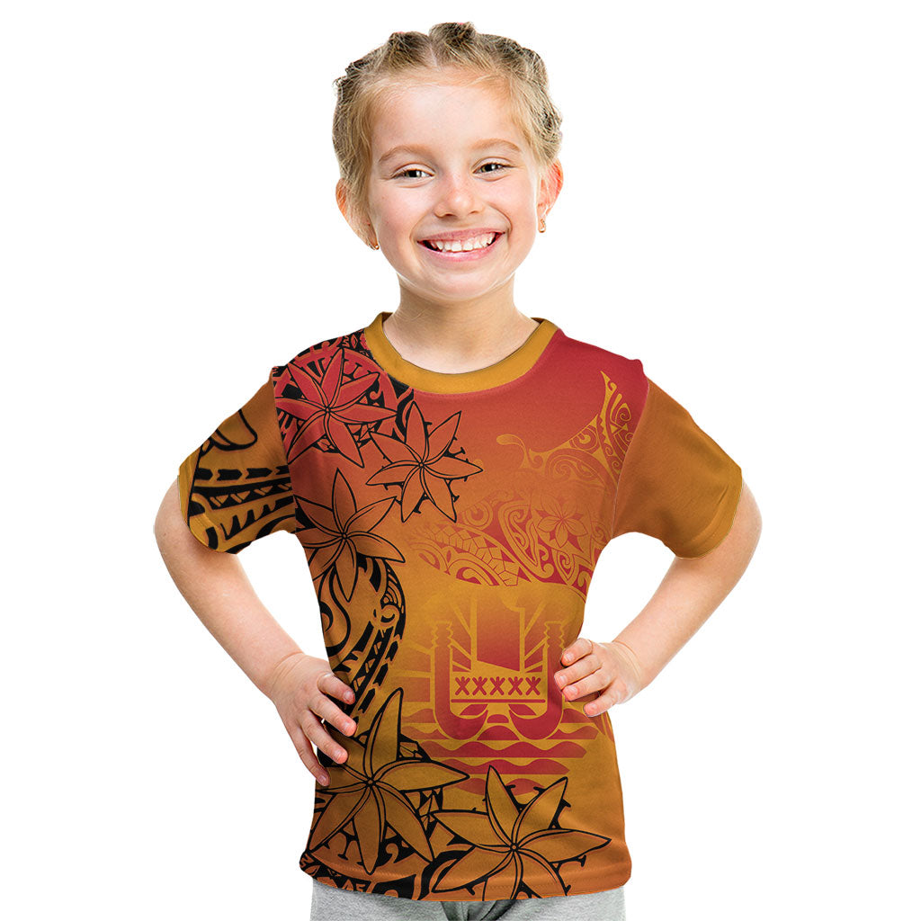 French Polynesia Manta Ray Tattoo Kid T Shirt Tahiti Hahalua Tiare Maori Gradient Style