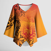French Polynesia Manta Ray Tattoo Kimono Sleeve Blouse Tahiti Hahalua Tiare Maori Gradient Style