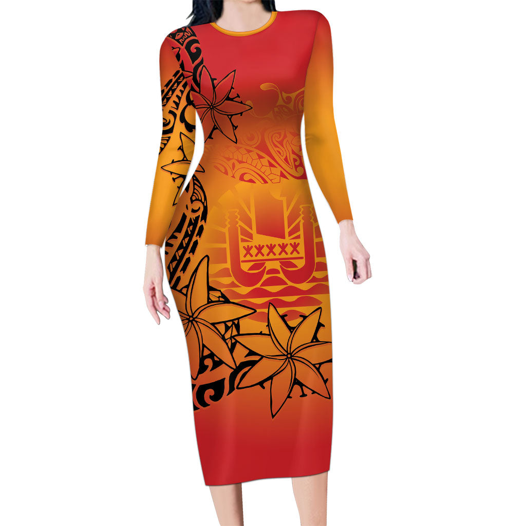 French Polynesia Manta Ray Tattoo Long Sleeve Bodycon Dress Tahiti Hahalua Tiare Maori Gradient Style LT14 Long Dress Orange - Polynesian Pride