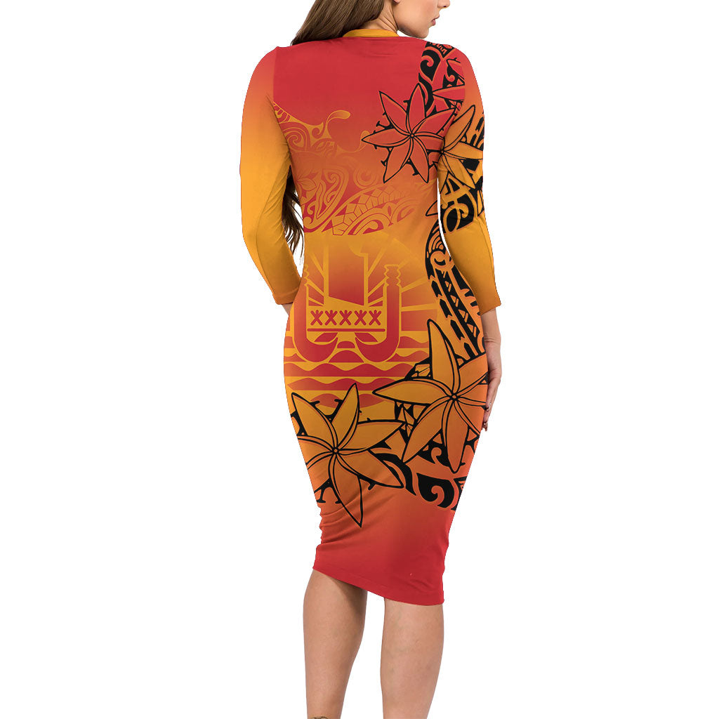 French Polynesia Manta Ray Tattoo Long Sleeve Bodycon Dress Tahiti Hahalua Tiare Maori Gradient Style LT14 - Polynesian Pride
