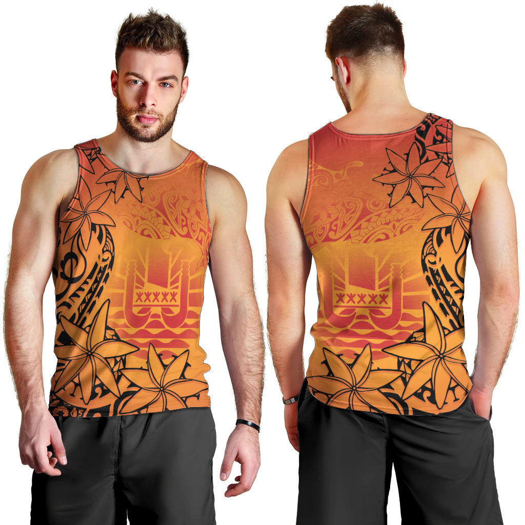 French Polynesia Manta Ray Tattoo Men Tank Top Tahiti Hahalua Tiare Maori Gradient Style